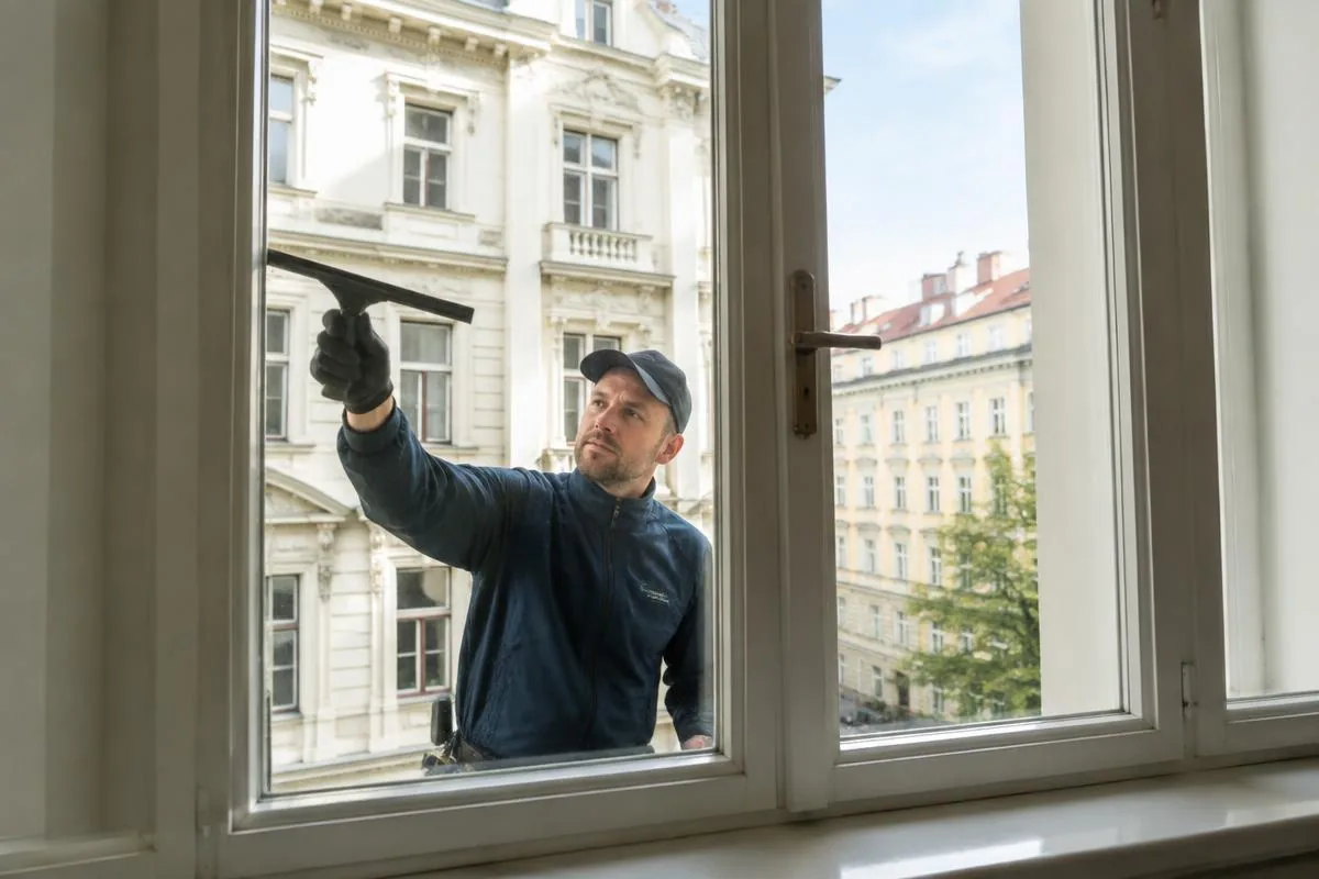 neufuss.at – Fensterreinigung Wien Privathaushalt: Fensterputzer reinigt ein Kastenfenster in einem Wiener Altbau